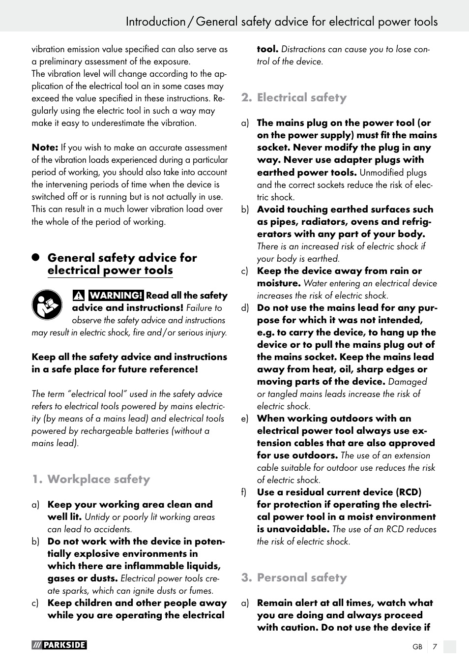 Introduction, General safety advice for electrical power tools, Workplace safety | Electrical safety, Personal safety | Parkside PAS 3.6 B1 User Manual | Page 7 / 53