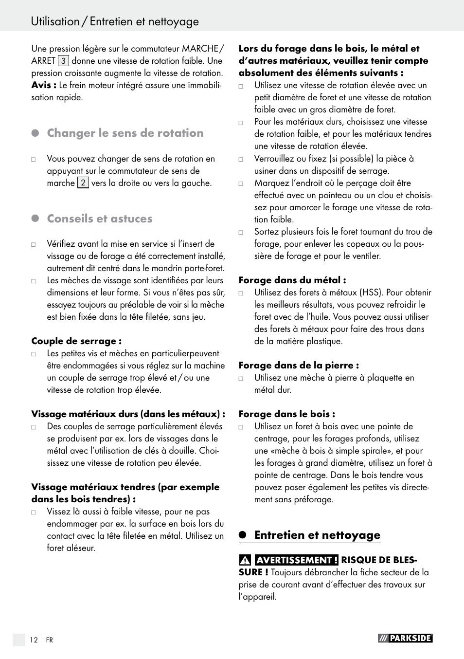 Changer le sens de rotation, Conseils et astuces, Entretien et nettoyage | Parkside PABS 18-Li B3 User Manual | Page 12 / 34