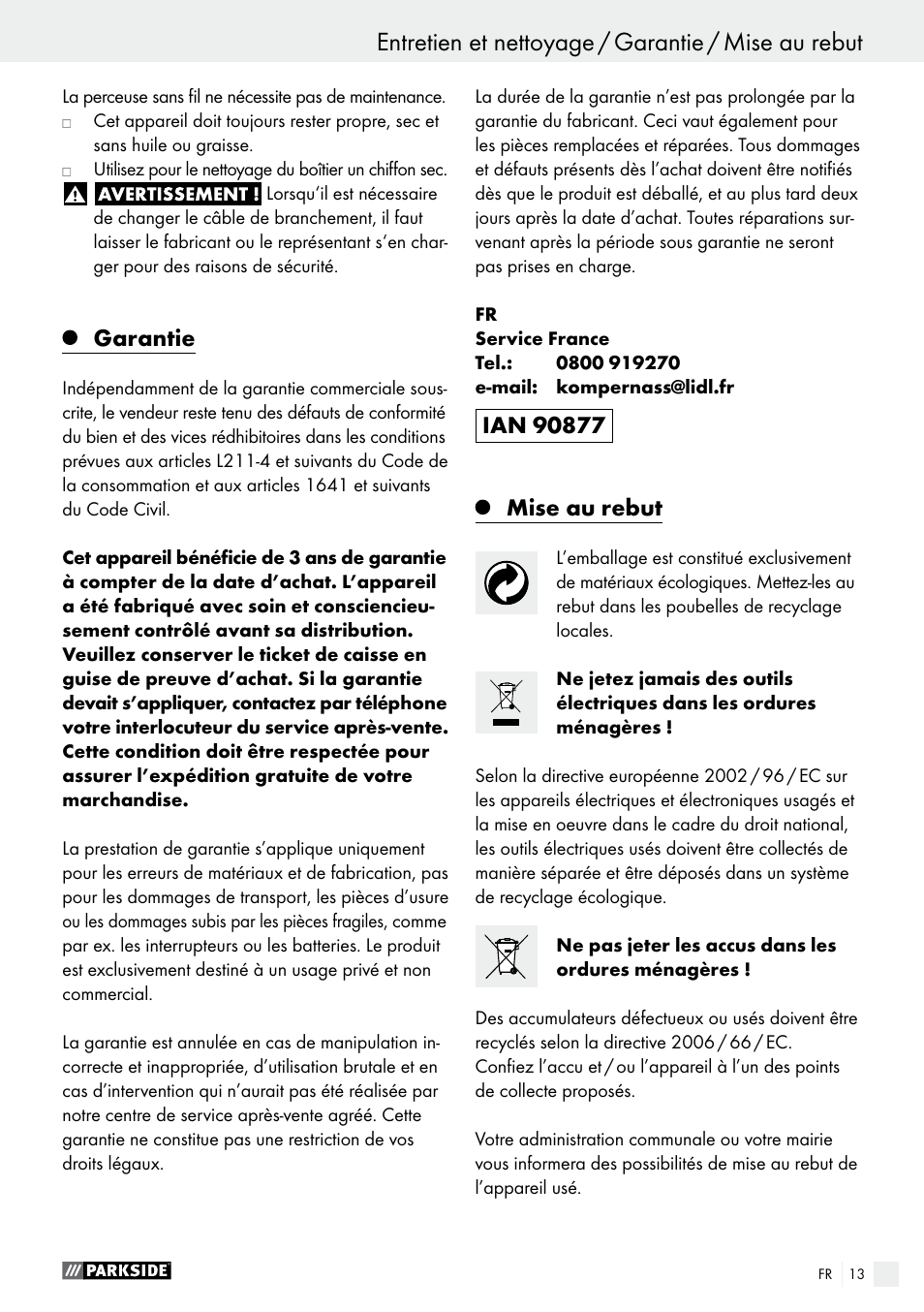 Garantie, Mise au rebut | Parkside PABS 18-Li B3 User Manual | Page 13 / 34