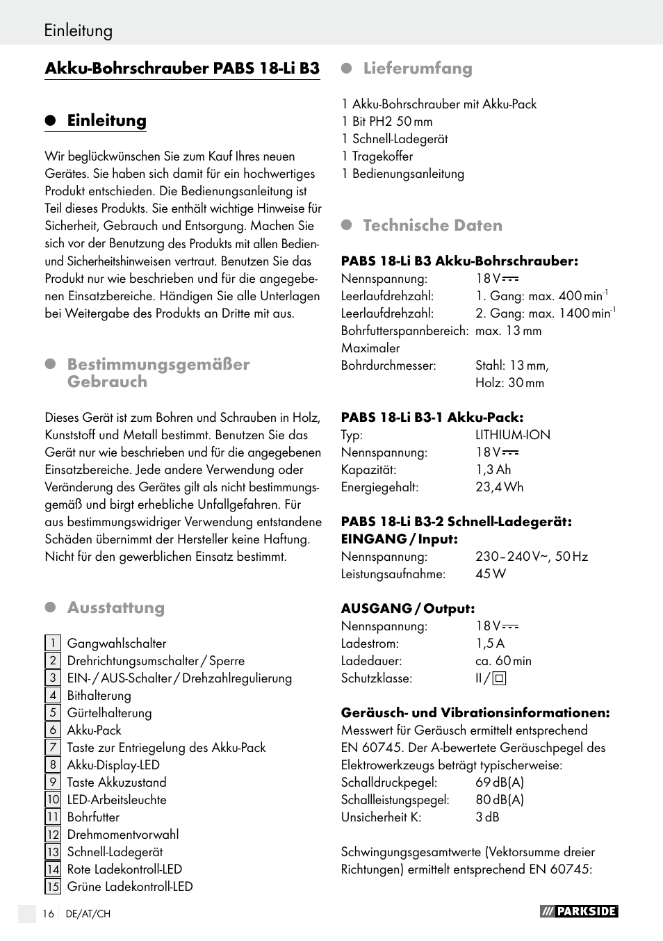 Akku-bohrschrauber pabs 18-li b3, Einleitung, Bestimmungsgemäßer gebrauch | Ausstattung, Lieferumfang, Technische daten | Parkside PABS 18-Li B3 User Manual | Page 16 / 34