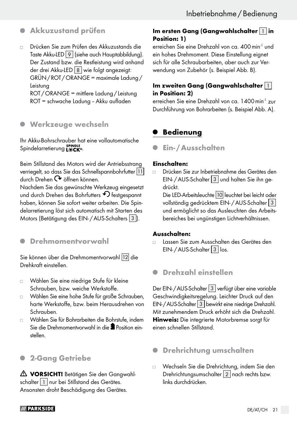 Inbetriebnahme / bedienung, Akkuzustand prüfen, Werkzeuge wechseln | Drehmomentvorwahl, Gang getriebe, Bedienung, Ein- / ausschalten, Drehzahl einstellen, Drehrichtung umschalten | Parkside PABS 18-Li B3 User Manual | Page 21 / 34