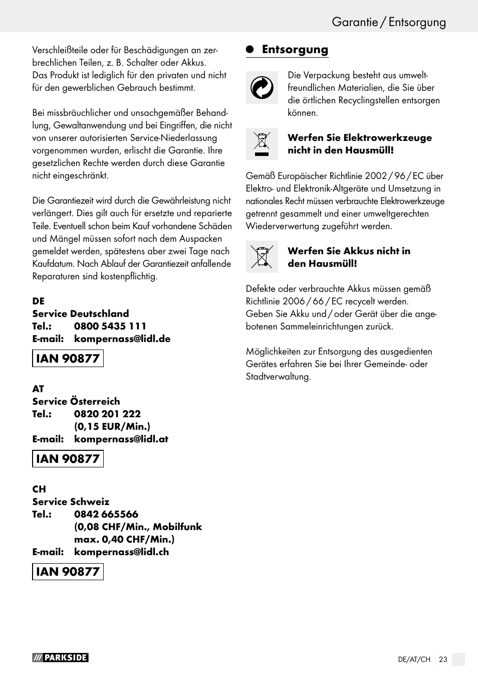 Entsorgung | Parkside PABS 18-Li B3 User Manual | Page 23 / 34