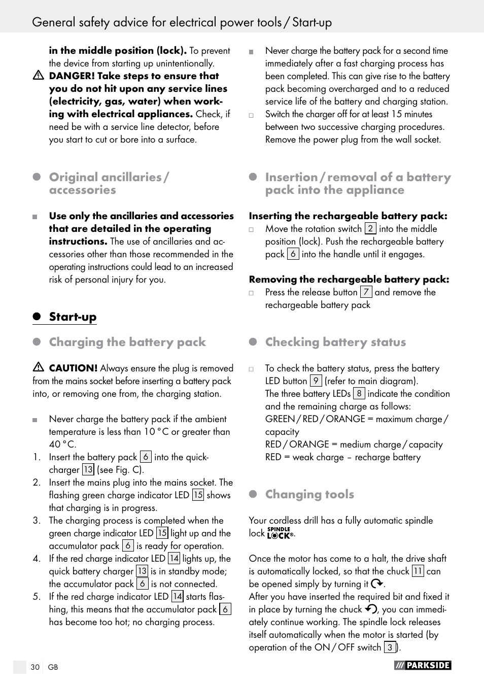 Original ancillaries / accessories, Start-up, Charging the battery pack | Checking battery status, Changing tools | Parkside PABS 18-Li B3 User Manual | Page 30 / 34