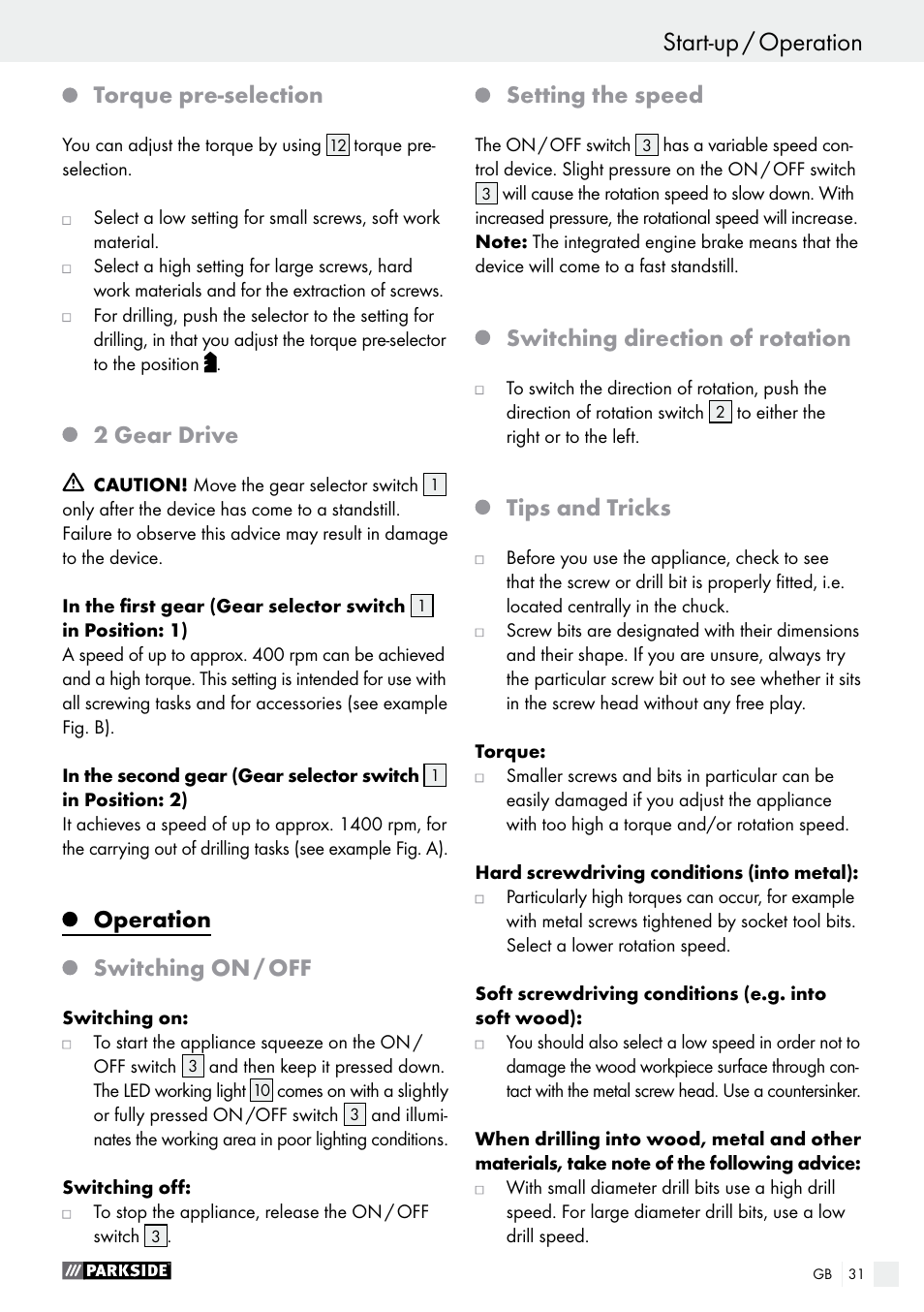 Torque pre-selection, 2 gear drive, Operation | Switching on / off, Setting the speed, Switching direction of rotation, Tips and tricks | Parkside PABS 18-Li B3 User Manual | Page 31 / 34