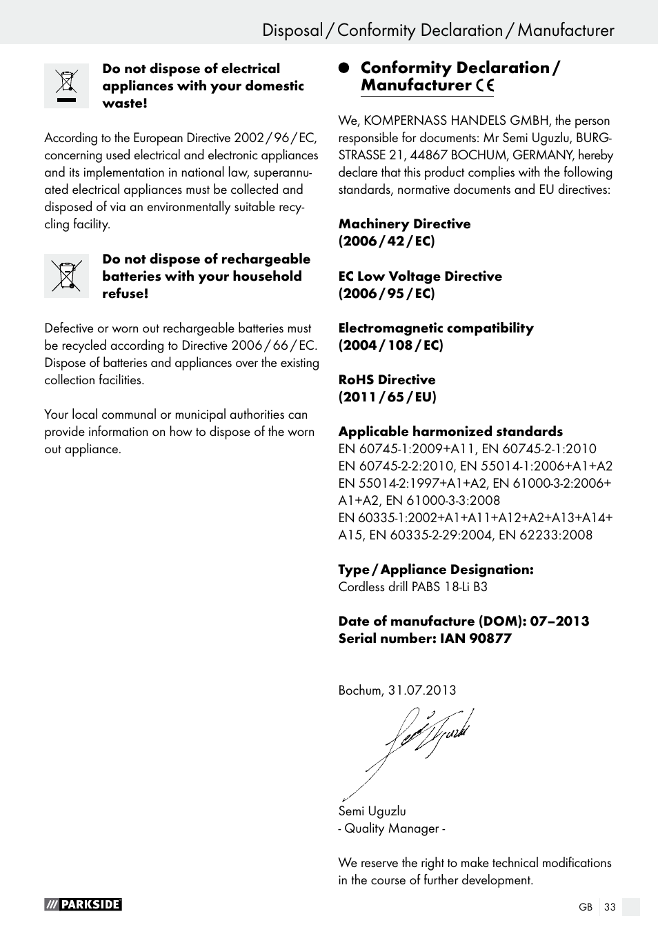 Conformity declaration / manufacturer | Parkside PABS 18-Li B3 User Manual | Page 33 / 34