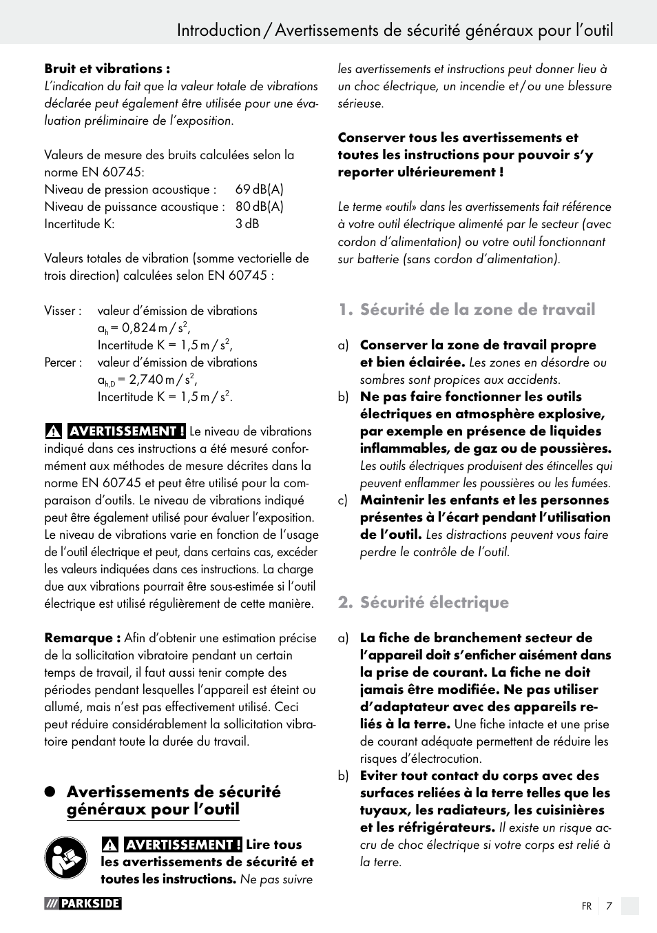 Avertissements de sécurité généraux pour l’outil, Sécurité de la zone de travail, Sécurité électrique | Parkside PABS 18-Li B3 User Manual | Page 7 / 34