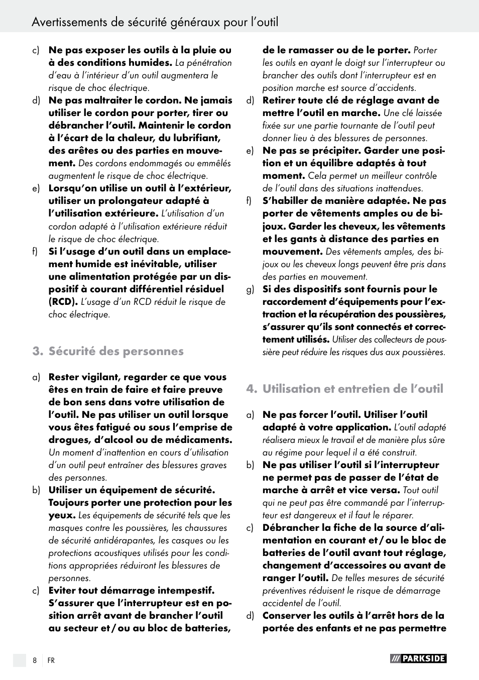 Avertissements de sécurité généraux pour l’outil, Sécurité des personnes, Utilisation et entretien de l’outil | Parkside PABS 18-Li B3 User Manual | Page 8 / 34