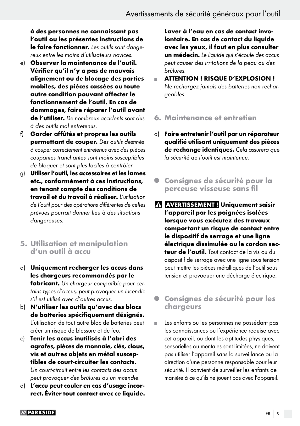 Avertissements de sécurité généraux pour l’outil | Parkside PABS 18-Li B3 User Manual | Page 9 / 34