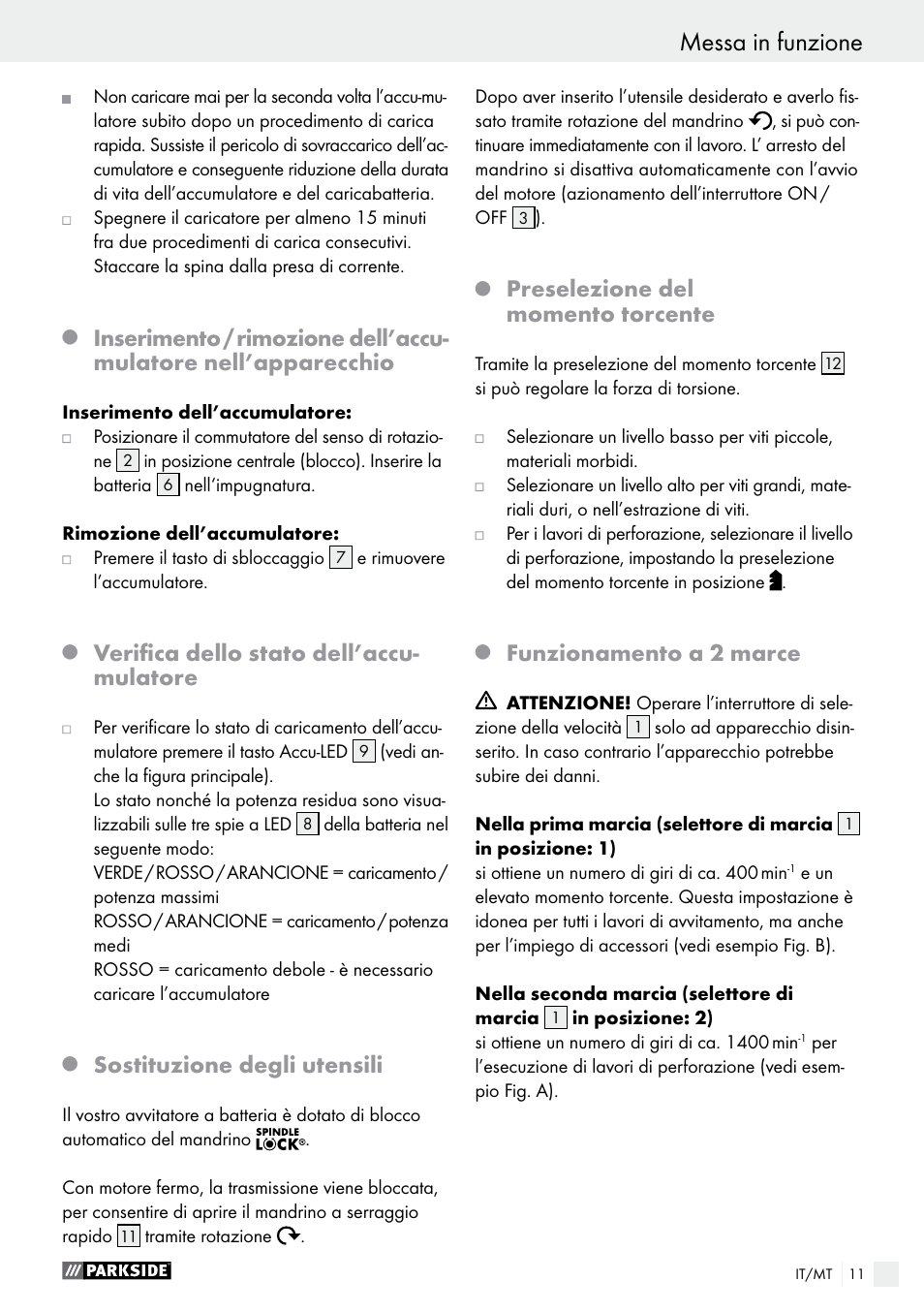 Verifica dello stato dell’accu- mulatore, Sostituzione degli utensili, Preselezione del momento torcente | Funzionamento a 2 marce | Parkside PABS 18-Li B3 User Manual | Page 11 / 35