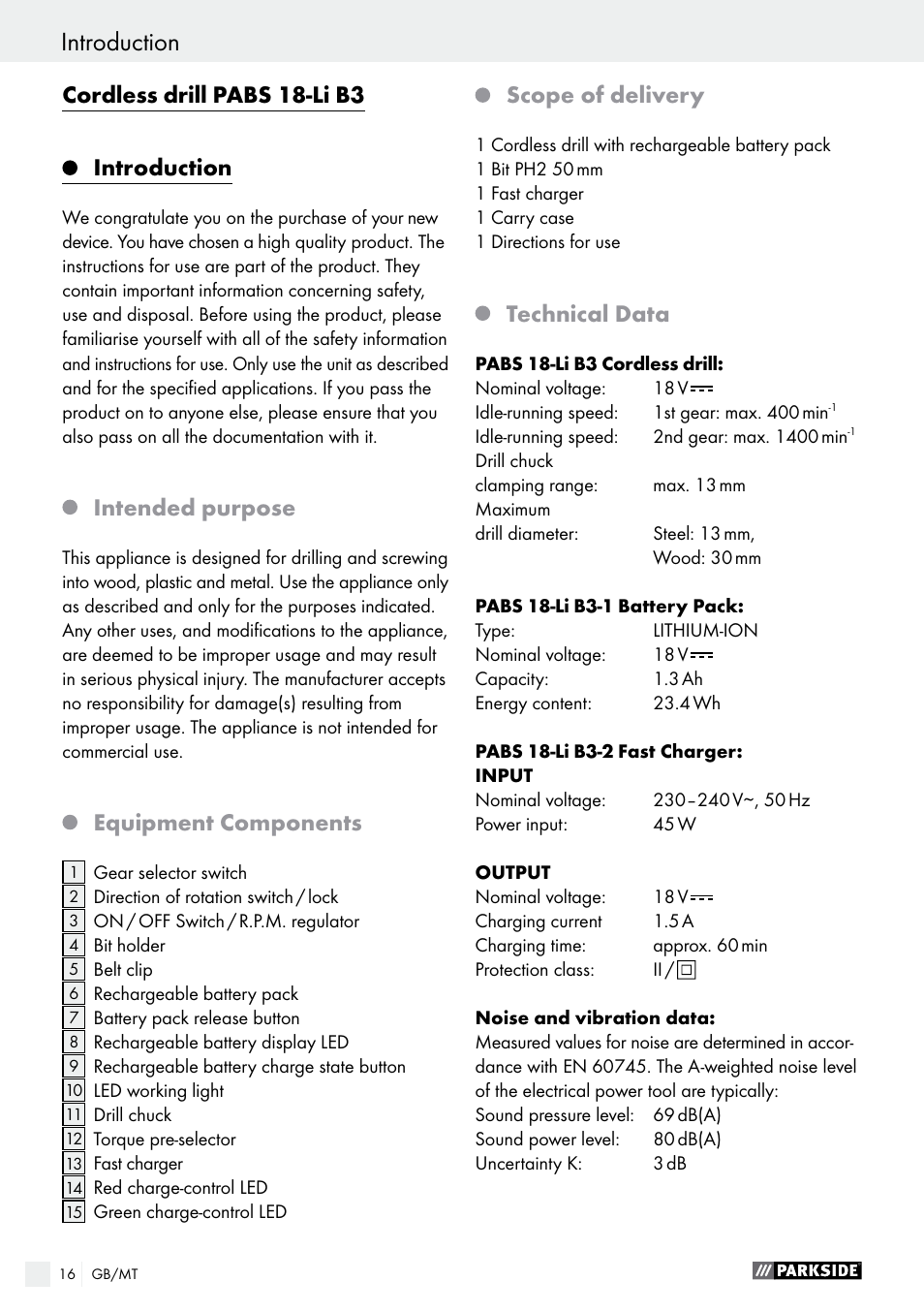 Cordless drill pabs 18-li b3, Introduction, Intended purpose | Equipment components, Scope of delivery, Technical data | Parkside PABS 18-Li B3 User Manual | Page 16 / 35