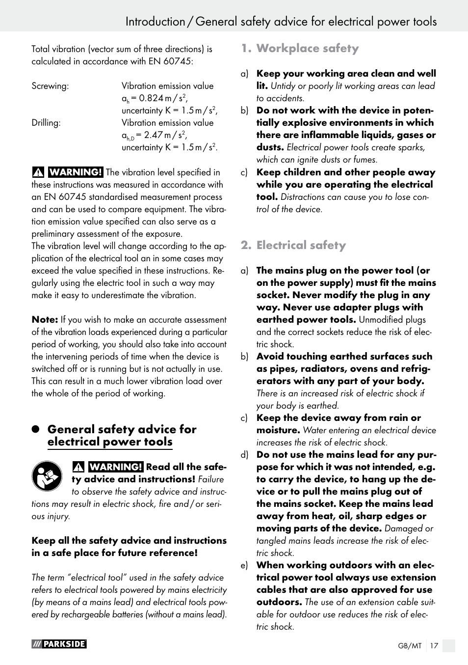 General safety advice for electrical power tools, Workplace safety, Electrical safety | Parkside PABS 18-Li B3 User Manual | Page 17 / 35
