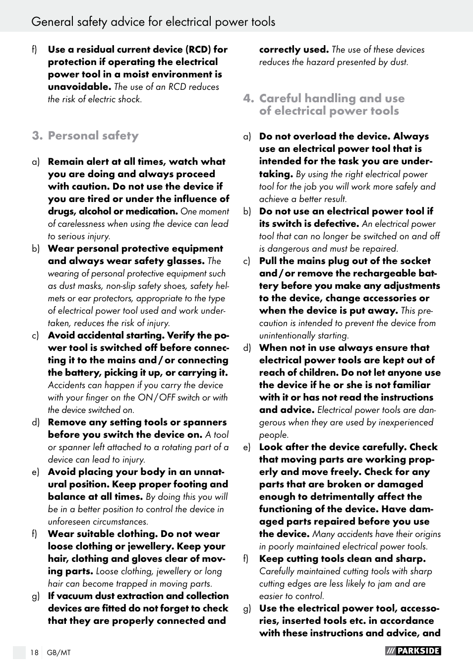 General safety advice for electrical power tools, Personal safety, Careful handling and use of electrical power tools | Parkside PABS 18-Li B3 User Manual | Page 18 / 35