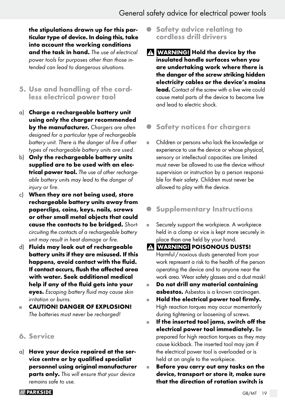 General safety advice for electrical power tools, Service, Safety advice relating to cordless drill drivers | Safety notices for chargers, Supplementary instructions | Parkside PABS 18-Li B3 User Manual | Page 19 / 35