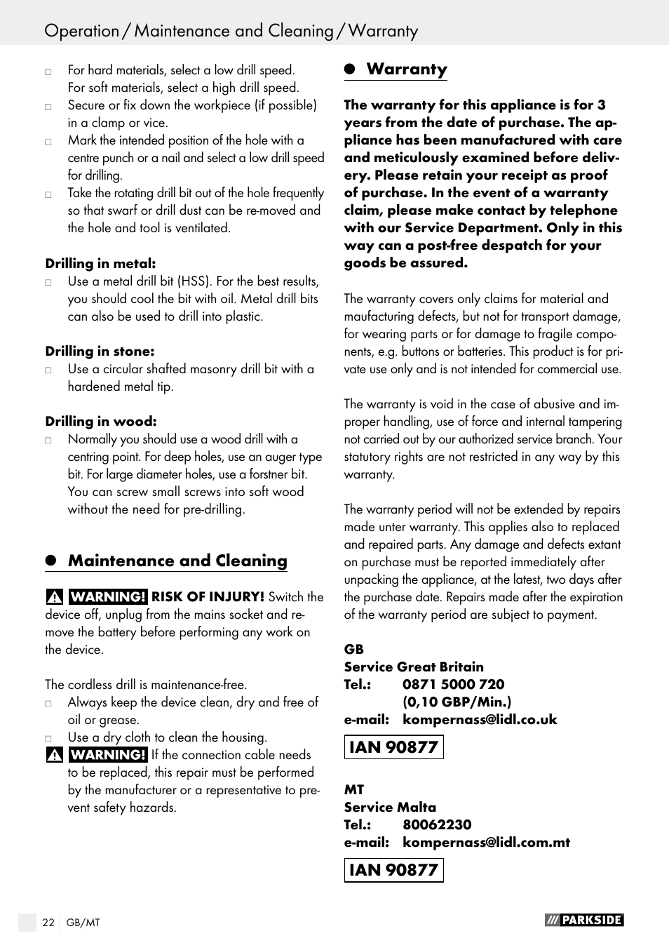 Maintenance and cleaning, Warranty | Parkside PABS 18-Li B3 User Manual | Page 22 / 35