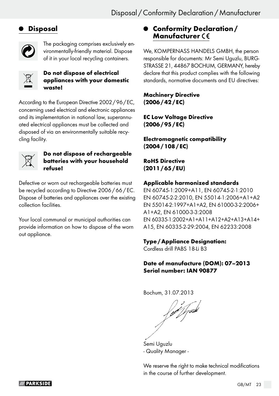 Disposal, Conformity declaration / manufacturer | Parkside PABS 18-Li B3 User Manual | Page 23 / 35