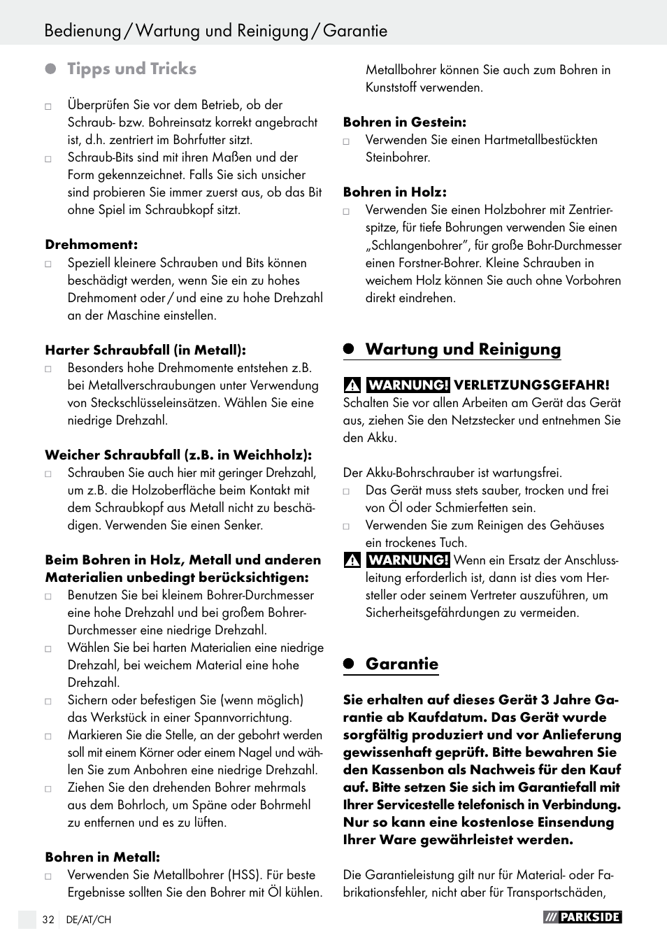 Bedienung / wartung und reinigung / garantie, Tipps und tricks, Wartung und reinigung | Garantie | Parkside PABS 18-Li B3 User Manual | Page 32 / 35