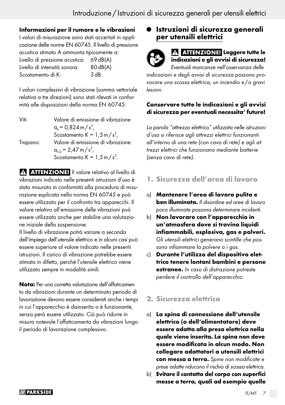 Introduzione, Sicurezza dell’area di lavoro, Sicurezza elettrica | Parkside PABS 18-Li B3 User Manual | Page 7 / 35