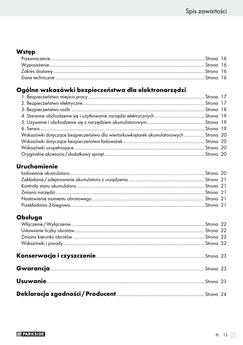 Spis zawartości | Parkside PABS 18-Li B3 User Manual | Page 15 / 75