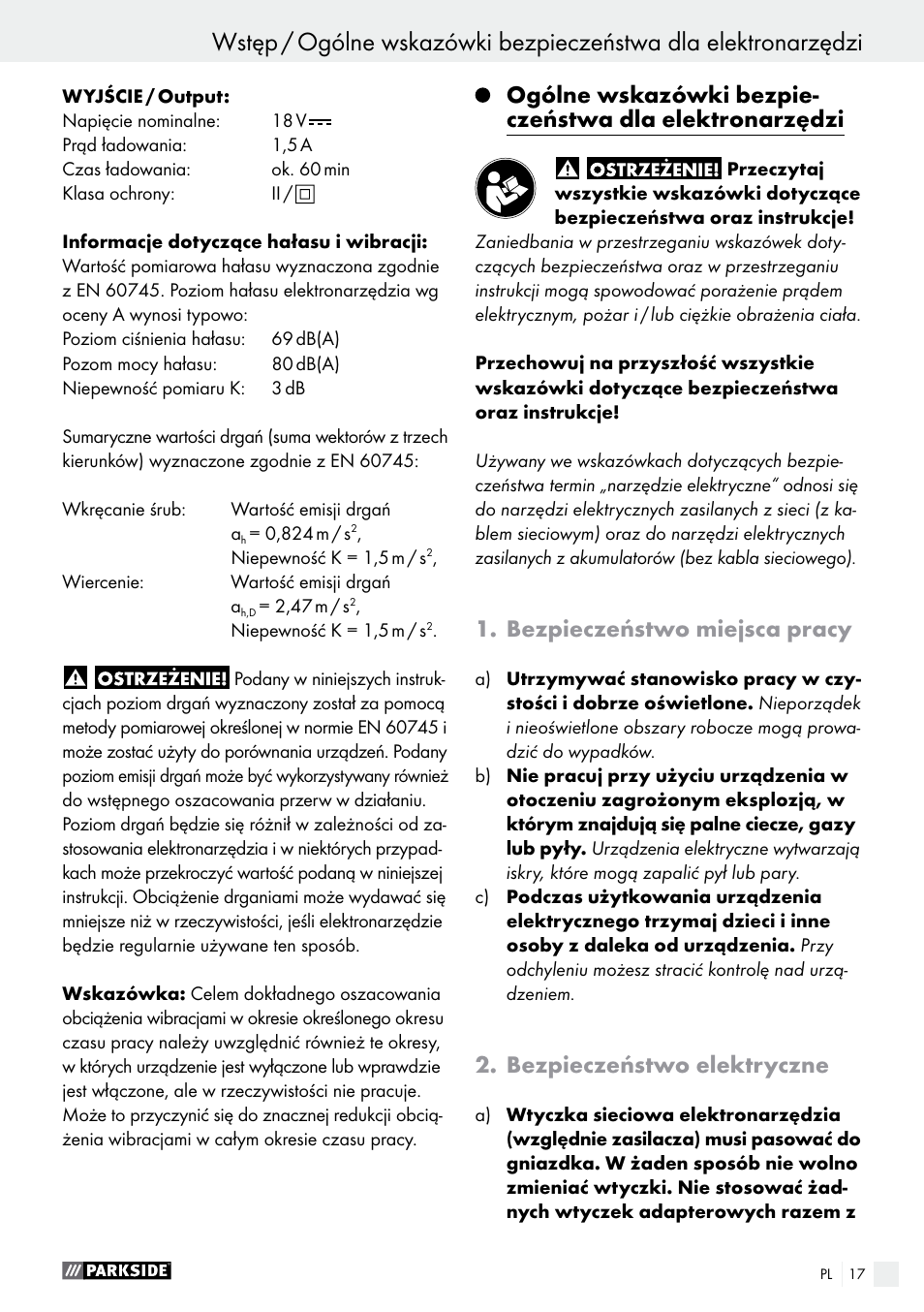 Bezpieczeństwo miejsca pracy, Bezpieczeństwo elektryczne | Parkside PABS 18-Li B3 User Manual | Page 17 / 75