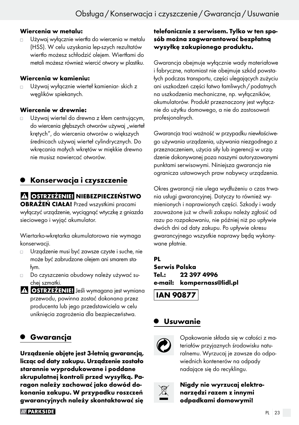 Konserwacja i czyszczenie, Gwarancja, Usuwanie | Parkside PABS 18-Li B3 User Manual | Page 23 / 75