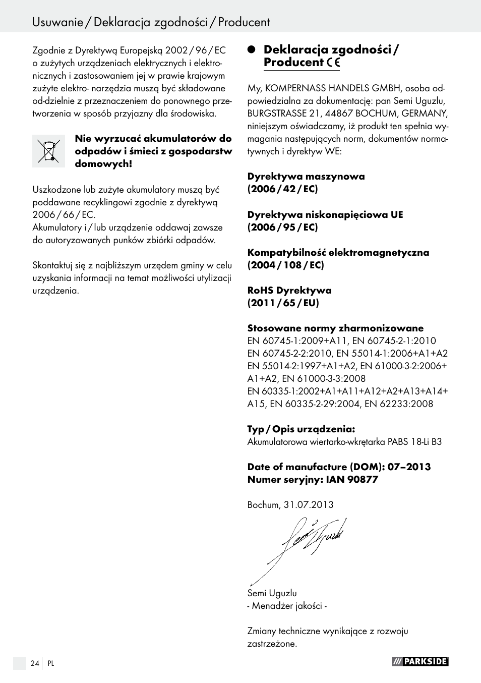 Usuwanie / deklaracja zgodności / producent, Tartalomjegyzék | Parkside PABS 18-Li B3 User Manual | Page 24 / 75