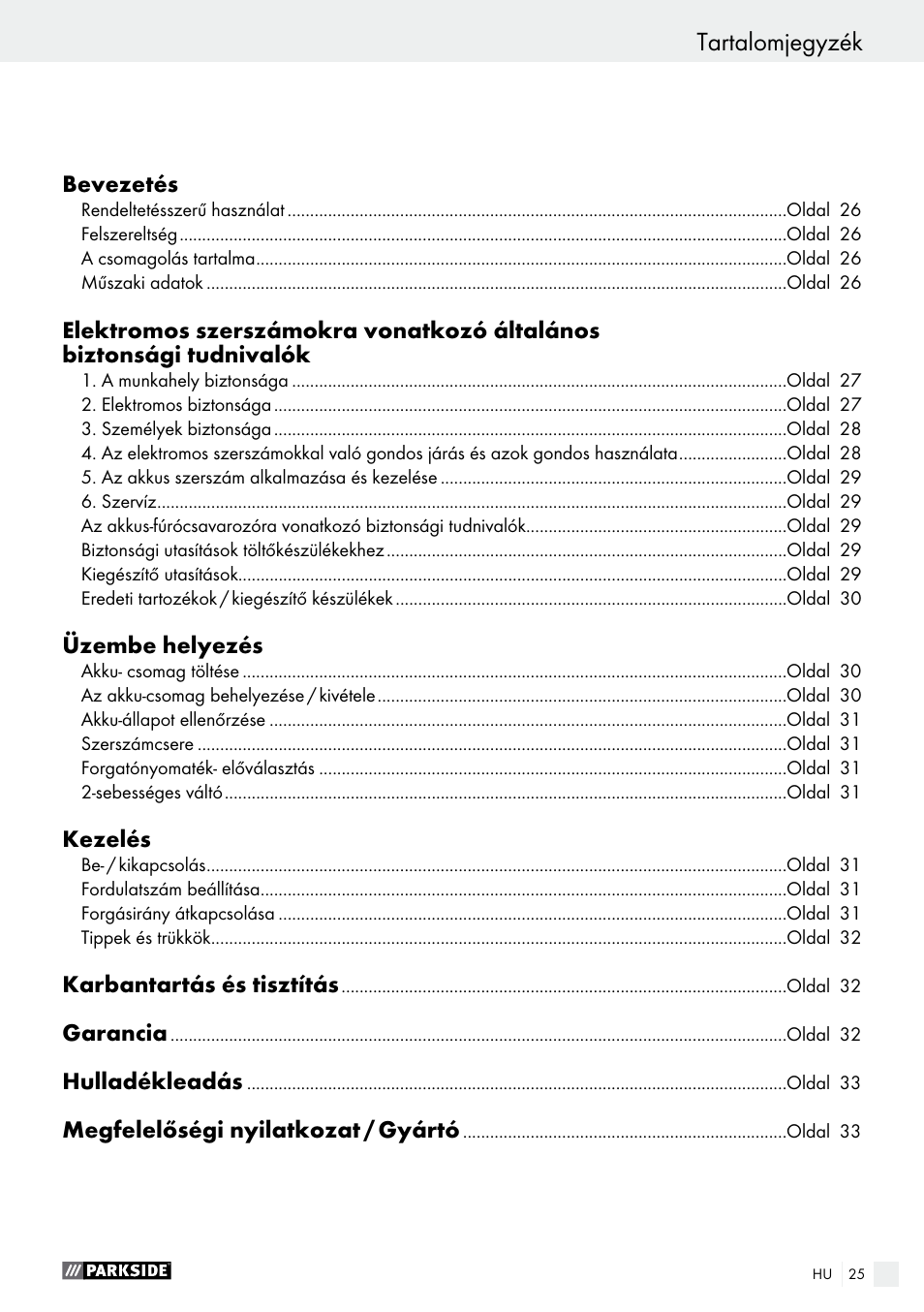 Tartalomjegyzék | Parkside PABS 18-Li B3 User Manual | Page 25 / 75