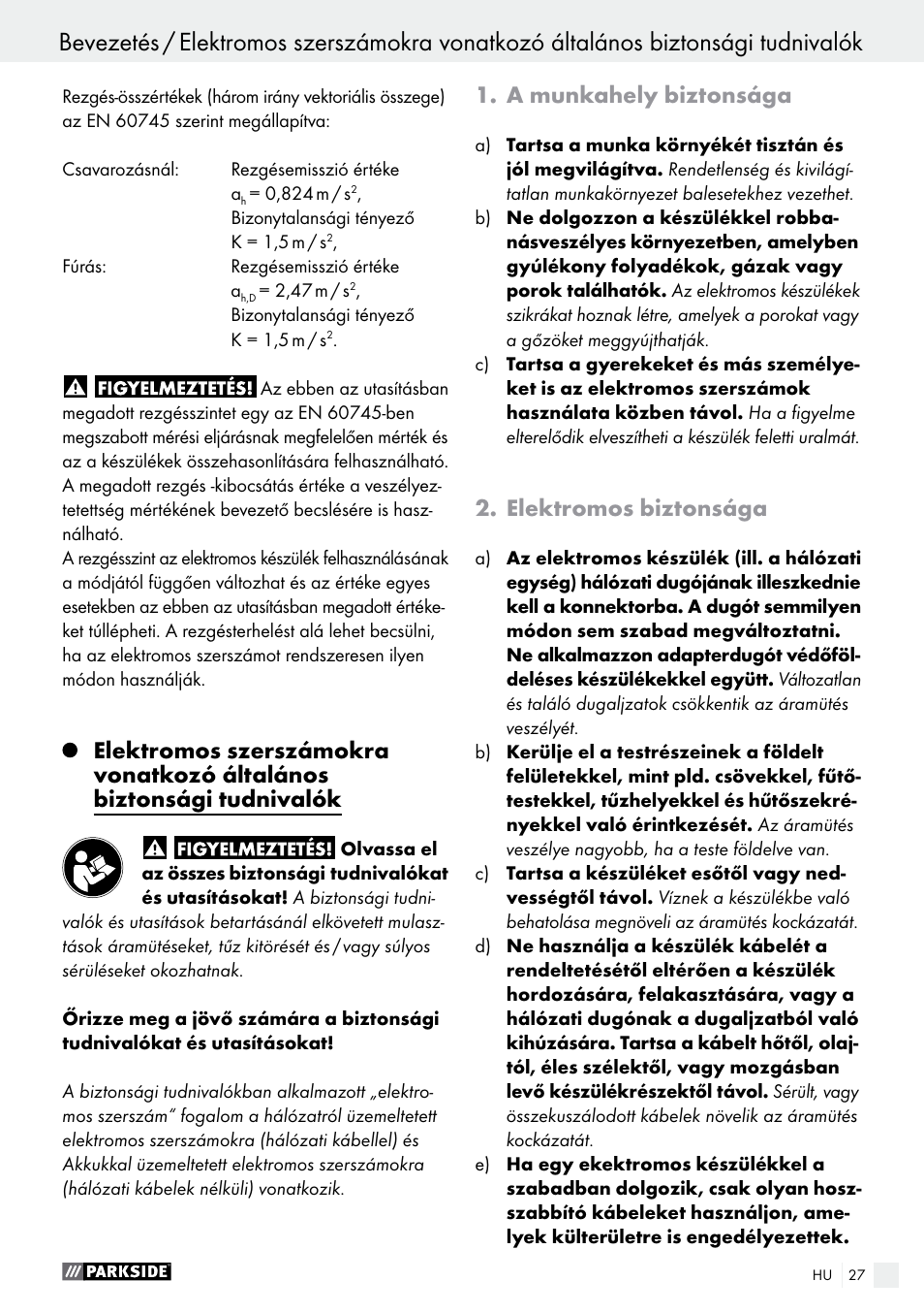 A munkahely biztonsága, Elektromos biztonsága | Parkside PABS 18-Li B3 User Manual | Page 27 / 75