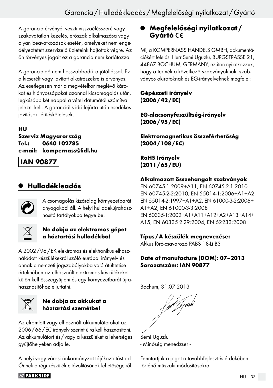 Hulladékleadás, Megfelelőségi nyilatkozat / gyártó | Parkside PABS 18-Li B3 User Manual | Page 33 / 75