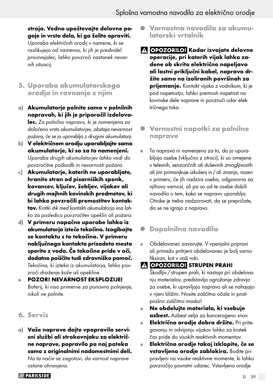 Splošna varnostna navodila za električno orodje | Parkside PABS 18-Li B3 User Manual | Page 39 / 75