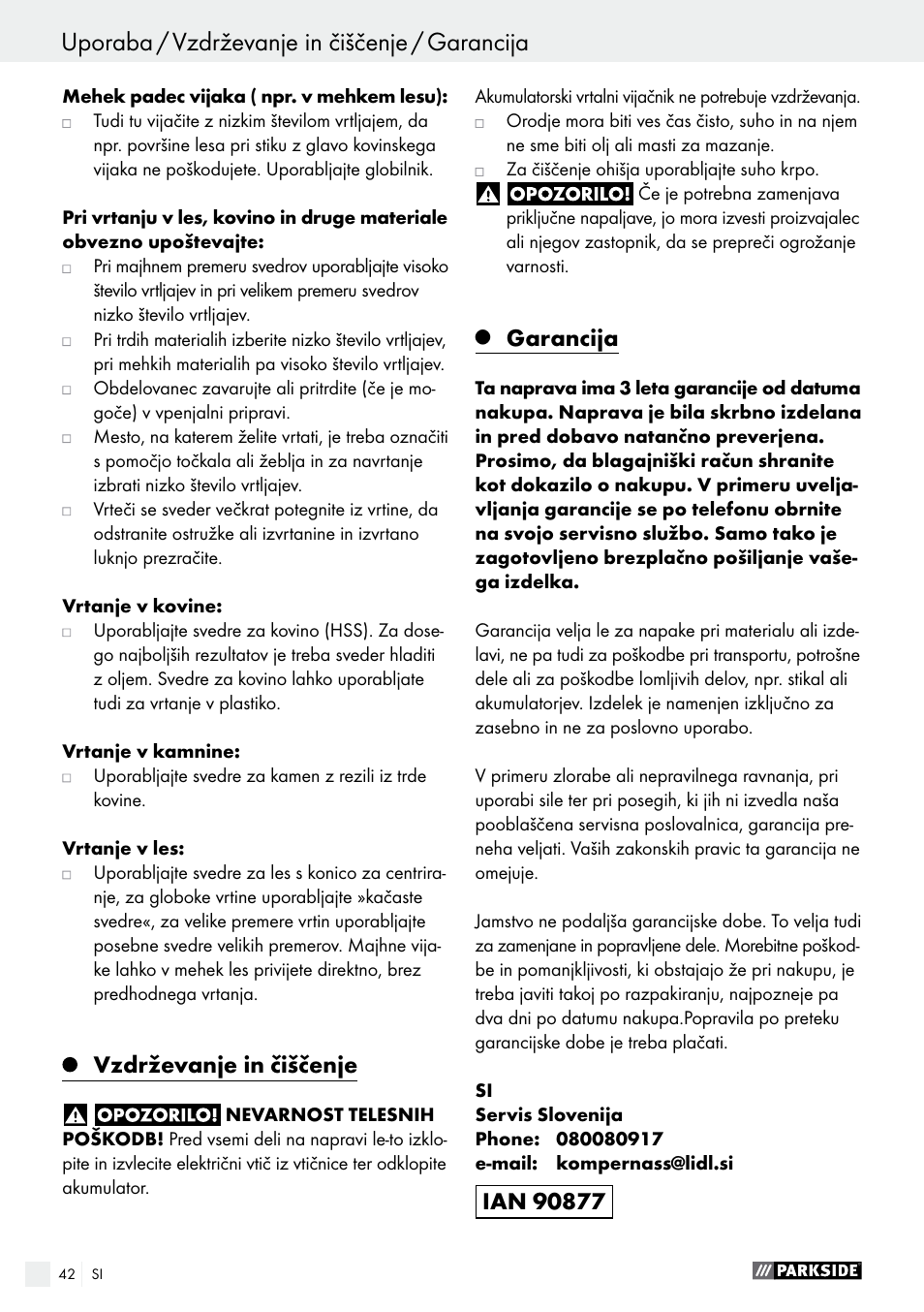 Uporaba / vzdrževanje in čiščenje / garancija, Vzdrževanje in čiščenje, Garancija | Parkside PABS 18-Li B3 User Manual | Page 42 / 75