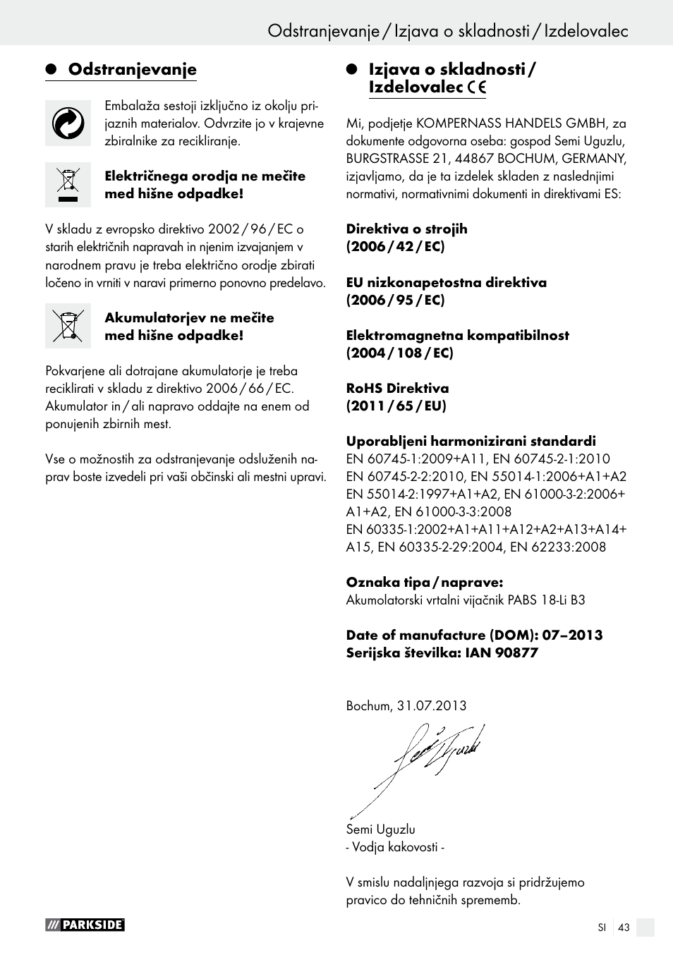 Odstranjevanje, Izjava o skladnosti / izdelovalec | Parkside PABS 18-Li B3 User Manual | Page 43 / 75