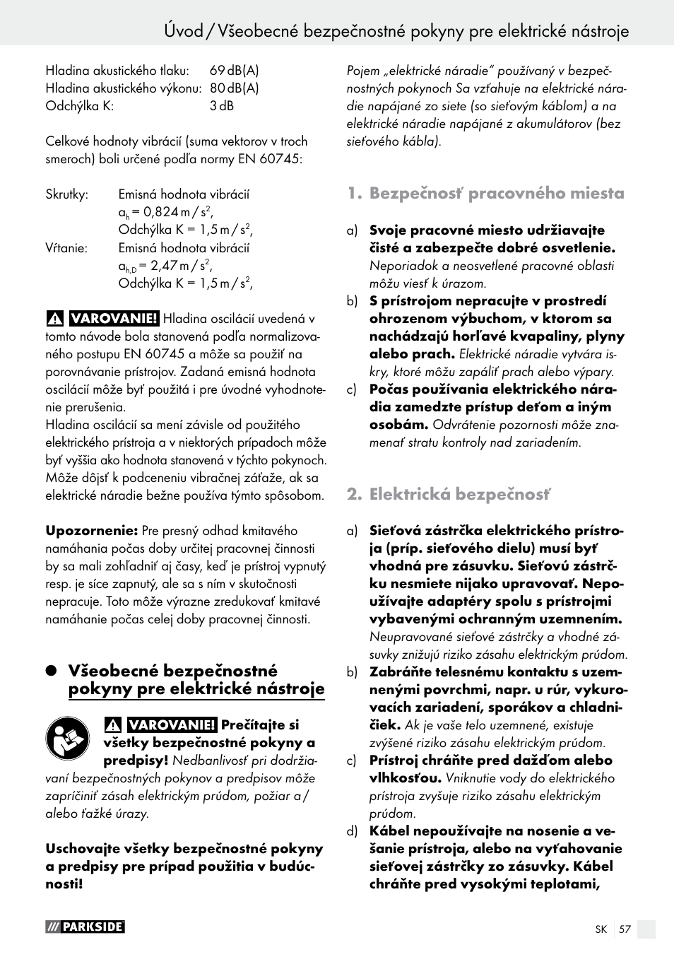 Bezpečnosť pracovného miesta, Elektrická bezpečnosť | Parkside PABS 18-Li B3 User Manual | Page 57 / 75