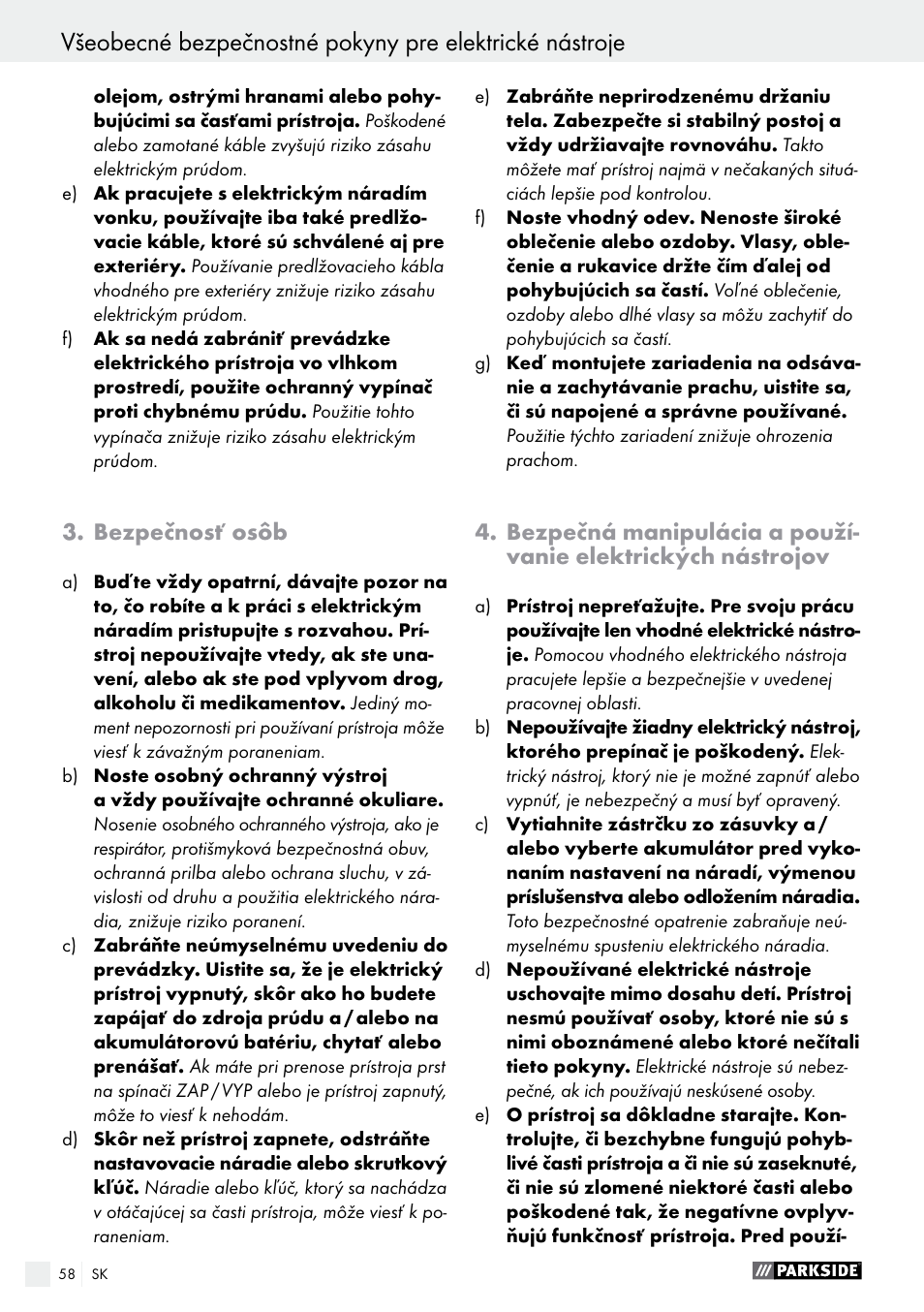 Bezpečnosť osôb | Parkside PABS 18-Li B3 User Manual | Page 58 / 75