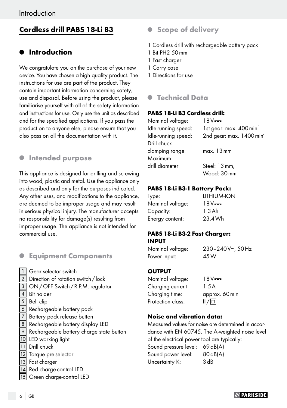 Cordless drill pabs 18-li b3, Introduction, Intended purpose | Equipment components, Scope of delivery, Technical data | Parkside PABS 18-Li B3 User Manual | Page 6 / 75