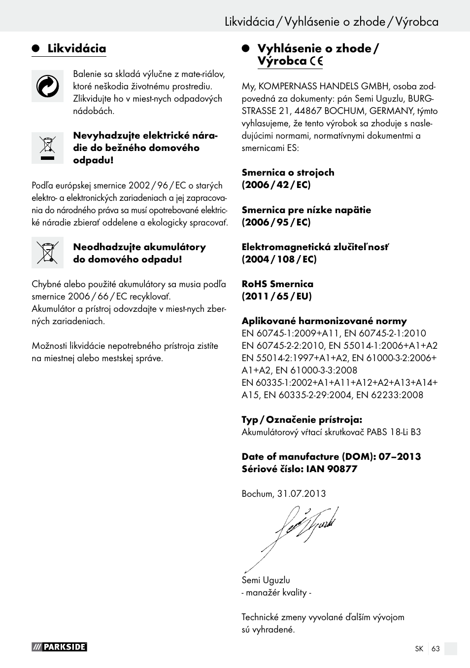 Likvidácia, Vyhlásenie o zhode / výrobca | Parkside PABS 18-Li B3 User Manual | Page 63 / 75