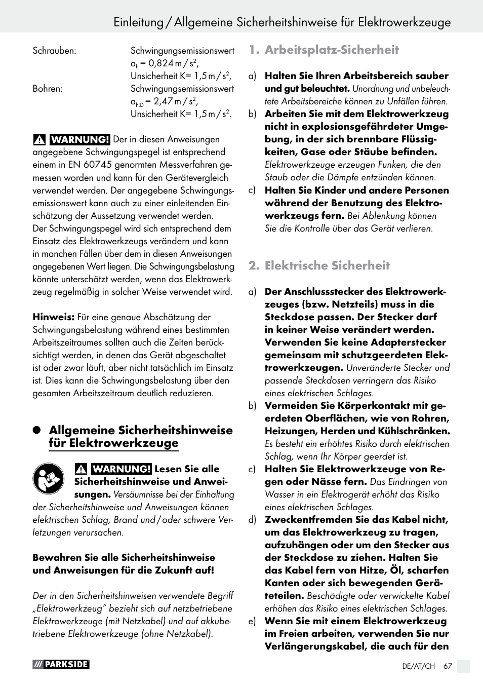 Arbeitsplatz-sicherheit, Elektrische sicherheit | Parkside PABS 18-Li B3 User Manual | Page 67 / 75