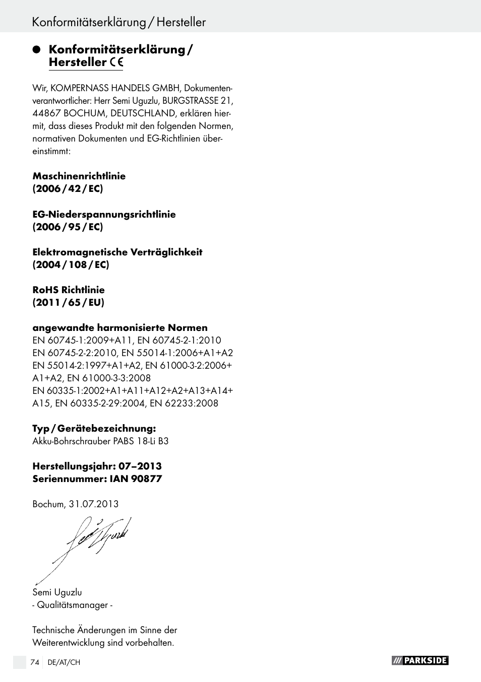 Konformitätserklärung / hersteller | Parkside PABS 18-Li B3 User Manual | Page 74 / 75