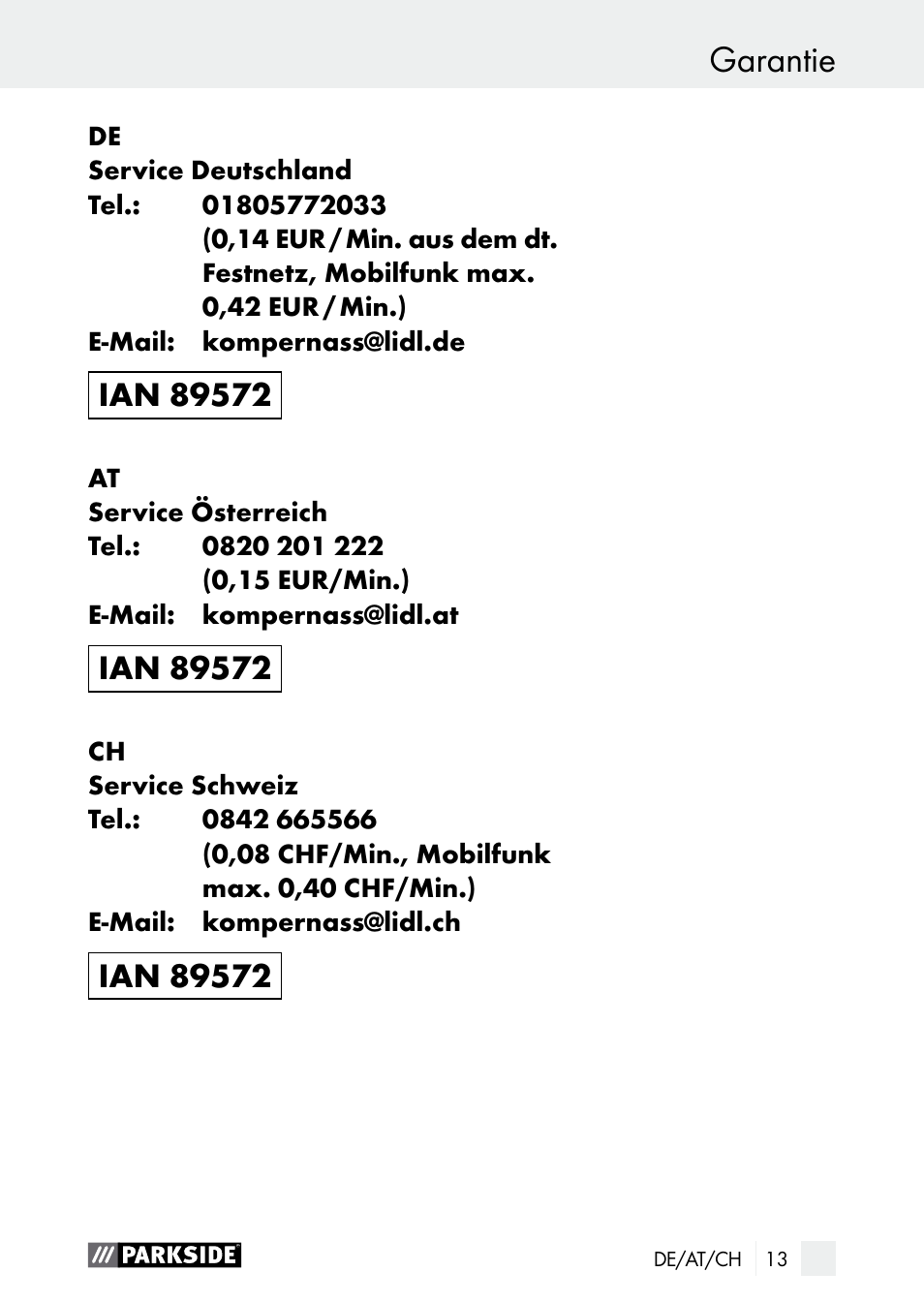 Garantie | Parkside PDSP 1000 A1 User Manual | Page 13 / 61