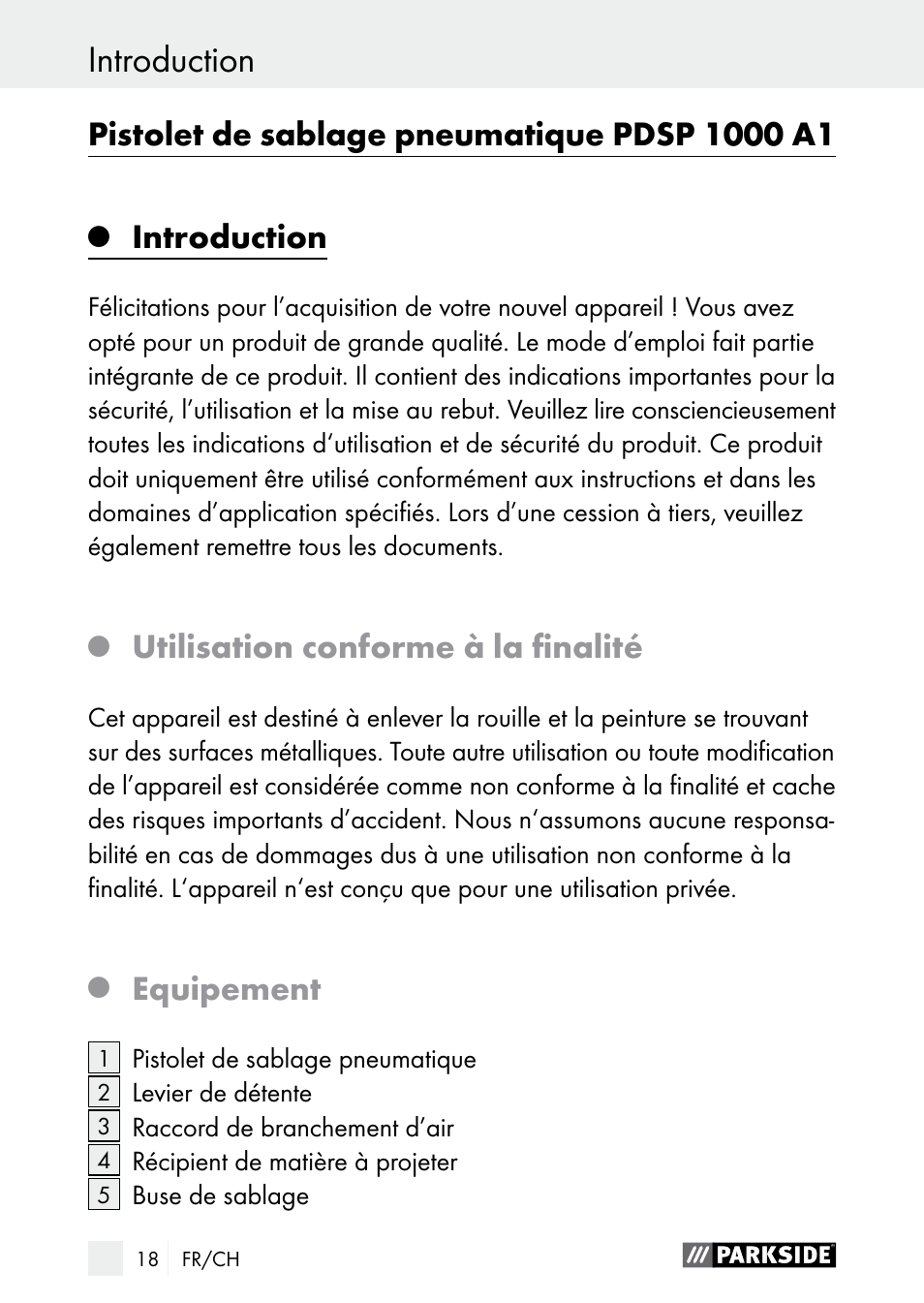 Introduction, Introduction / consignes de sécurité, Utilisation conforme à la finalité | Equipement | Parkside PDSP 1000 A1 User Manual | Page 18 / 61