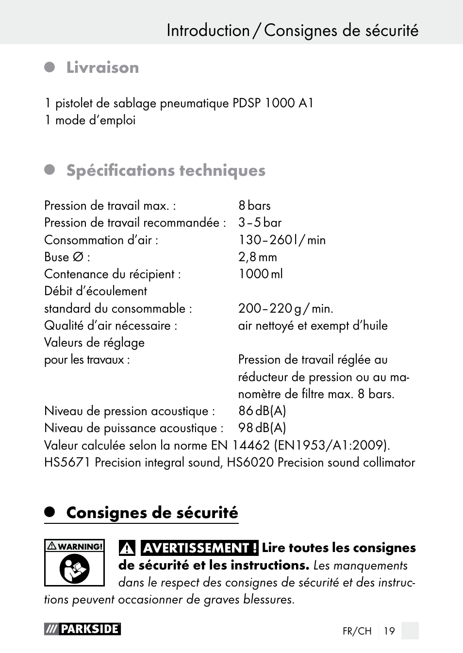 Introduction introduction / consignes de sécurité, Livraison, Spécifications techniques | Consignes de sécurité | Parkside PDSP 1000 A1 User Manual | Page 19 / 61