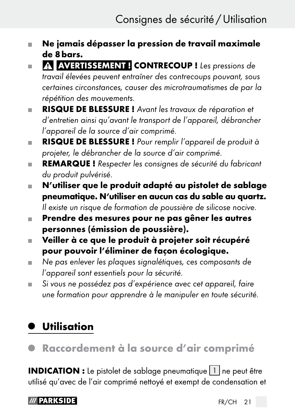 Utilisation, Raccordement à la source d’air comprimé | Parkside PDSP 1000 A1 User Manual | Page 21 / 61