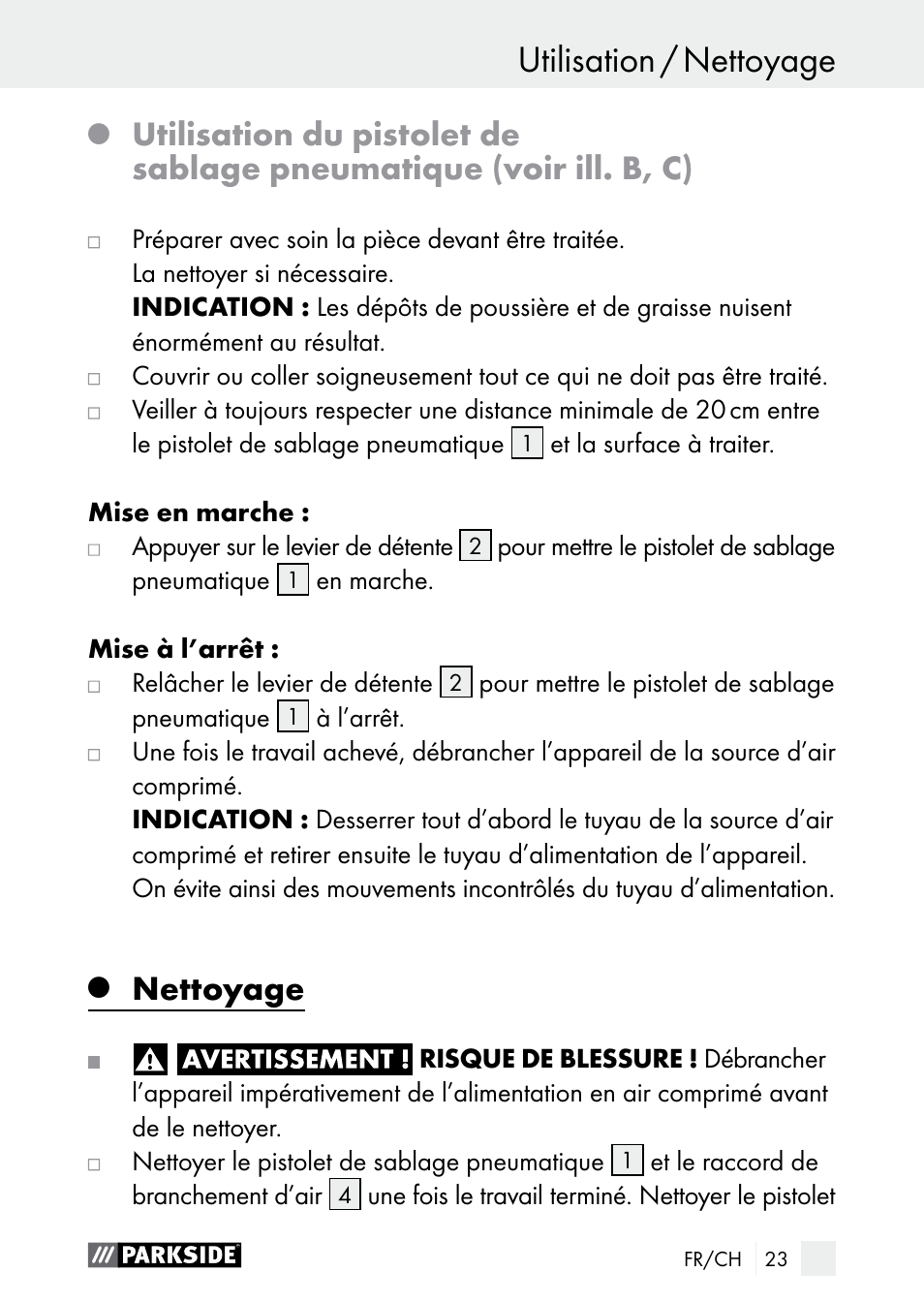 Utilisation / nettoyage utilisation, Nettoyage | Parkside PDSP 1000 A1 User Manual | Page 23 / 61