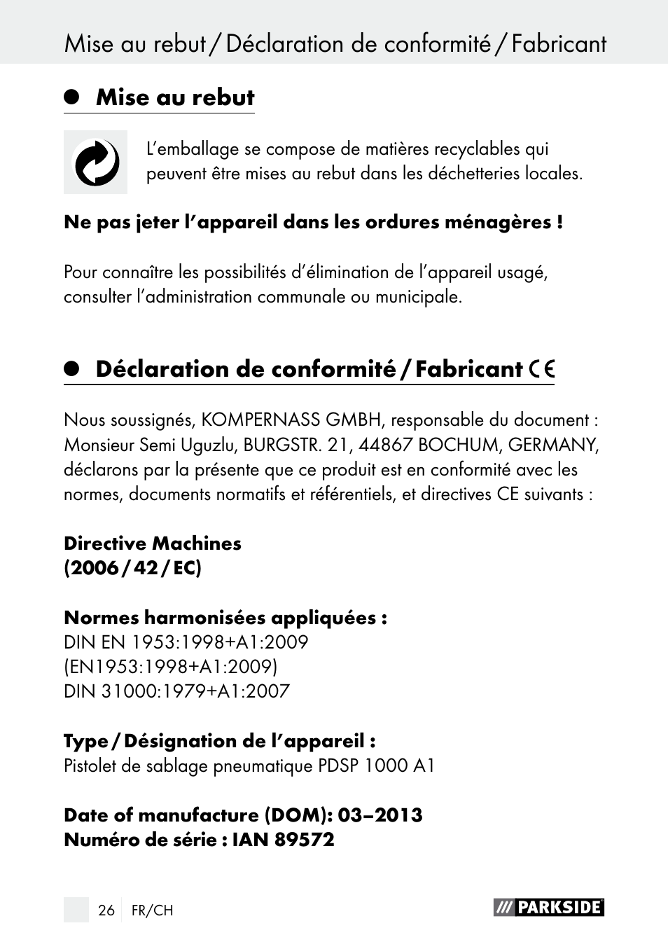 Mise au rebut, Déclaration de conformité / fabricant | Parkside PDSP 1000 A1 User Manual | Page 26 / 61