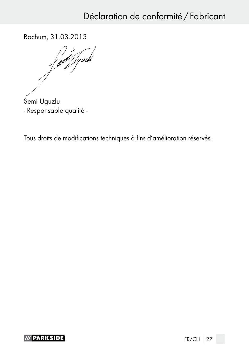 Déclaration de conformité / fabricant | Parkside PDSP 1000 A1 User Manual | Page 27 / 61