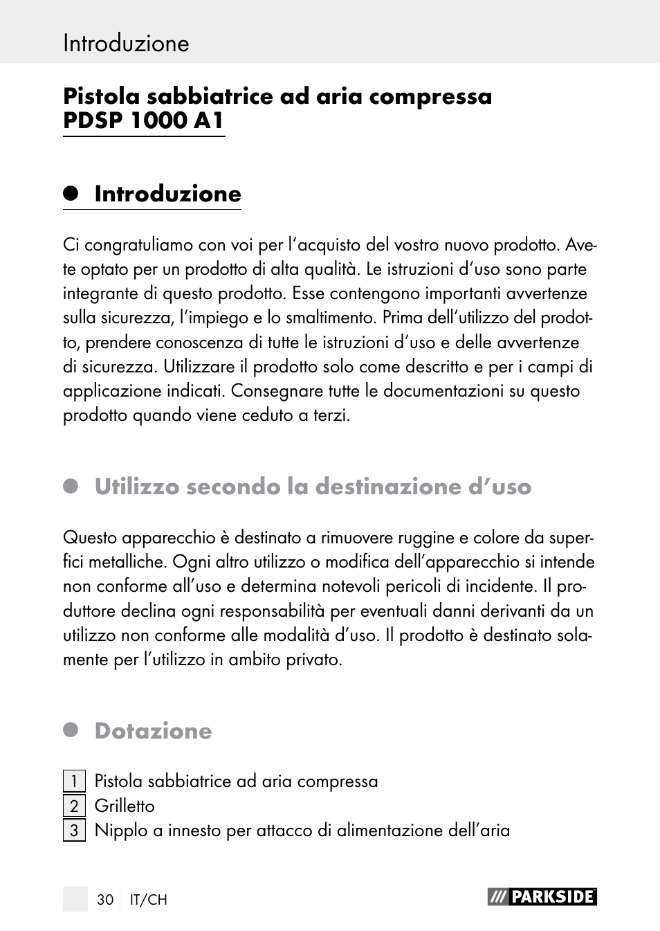 Introduzione, Utilizzo secondo la destinazione d’uso, Dotazione | Parkside PDSP 1000 A1 User Manual | Page 30 / 61