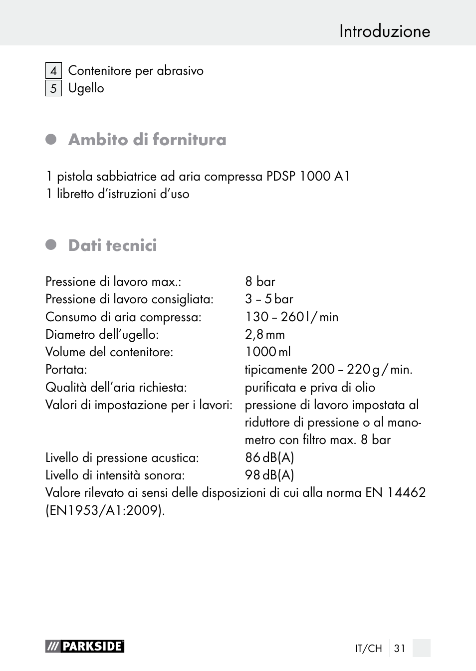 Introduzione, Ambito di fornitura, Dati tecnici | Parkside PDSP 1000 A1 User Manual | Page 31 / 61