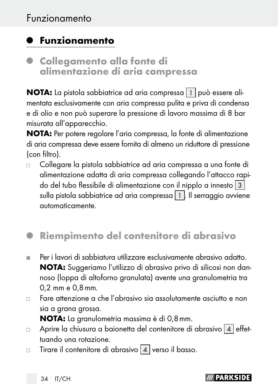 Funzionamento, Riempimento del contenitore di abrasivo | Parkside PDSP 1000 A1 User Manual | Page 34 / 61