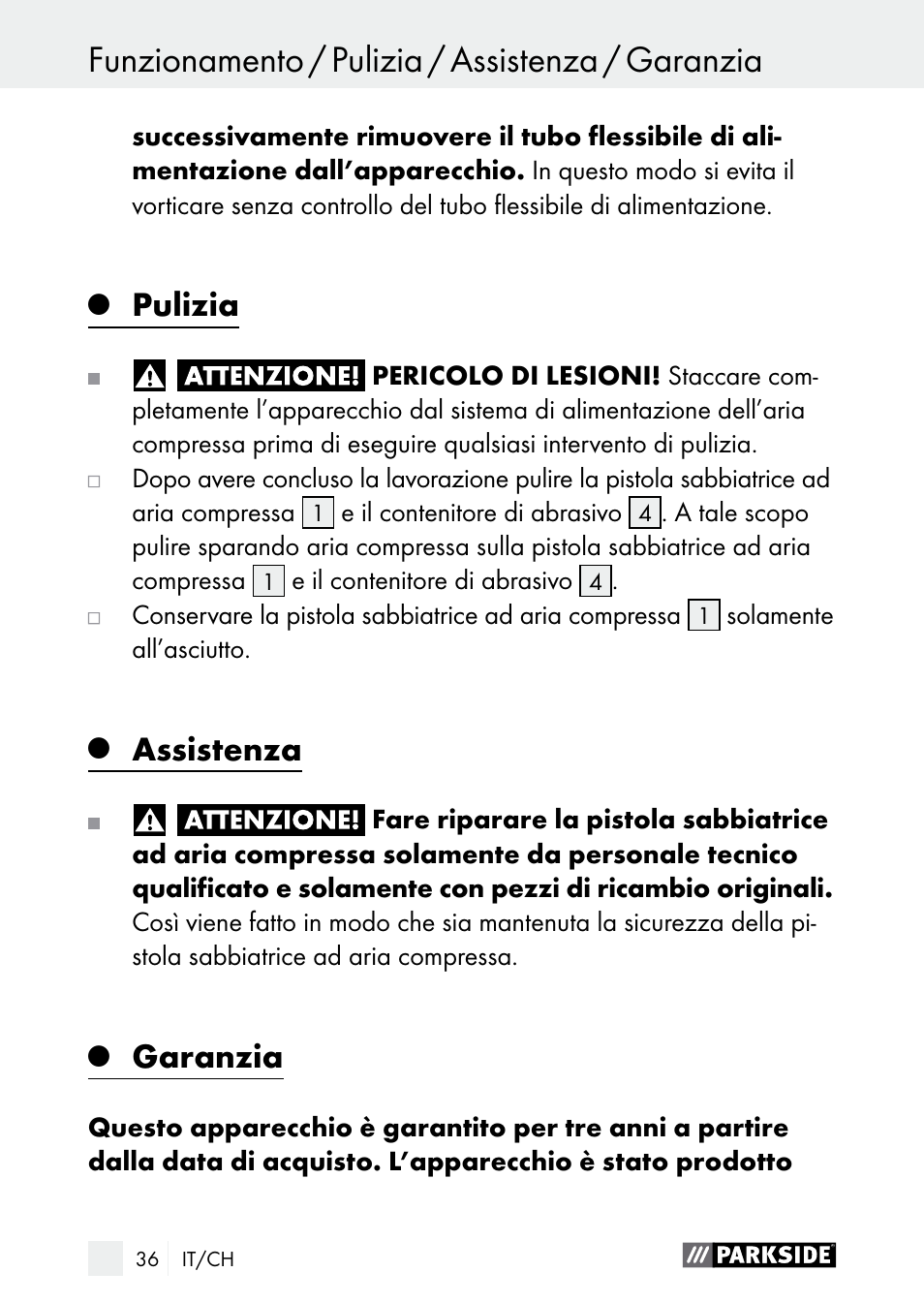 Funzionamento / pulizia / assistenza / garanzia, Pulizia, Assistenza | Garanzia | Parkside PDSP 1000 A1 User Manual | Page 36 / 61