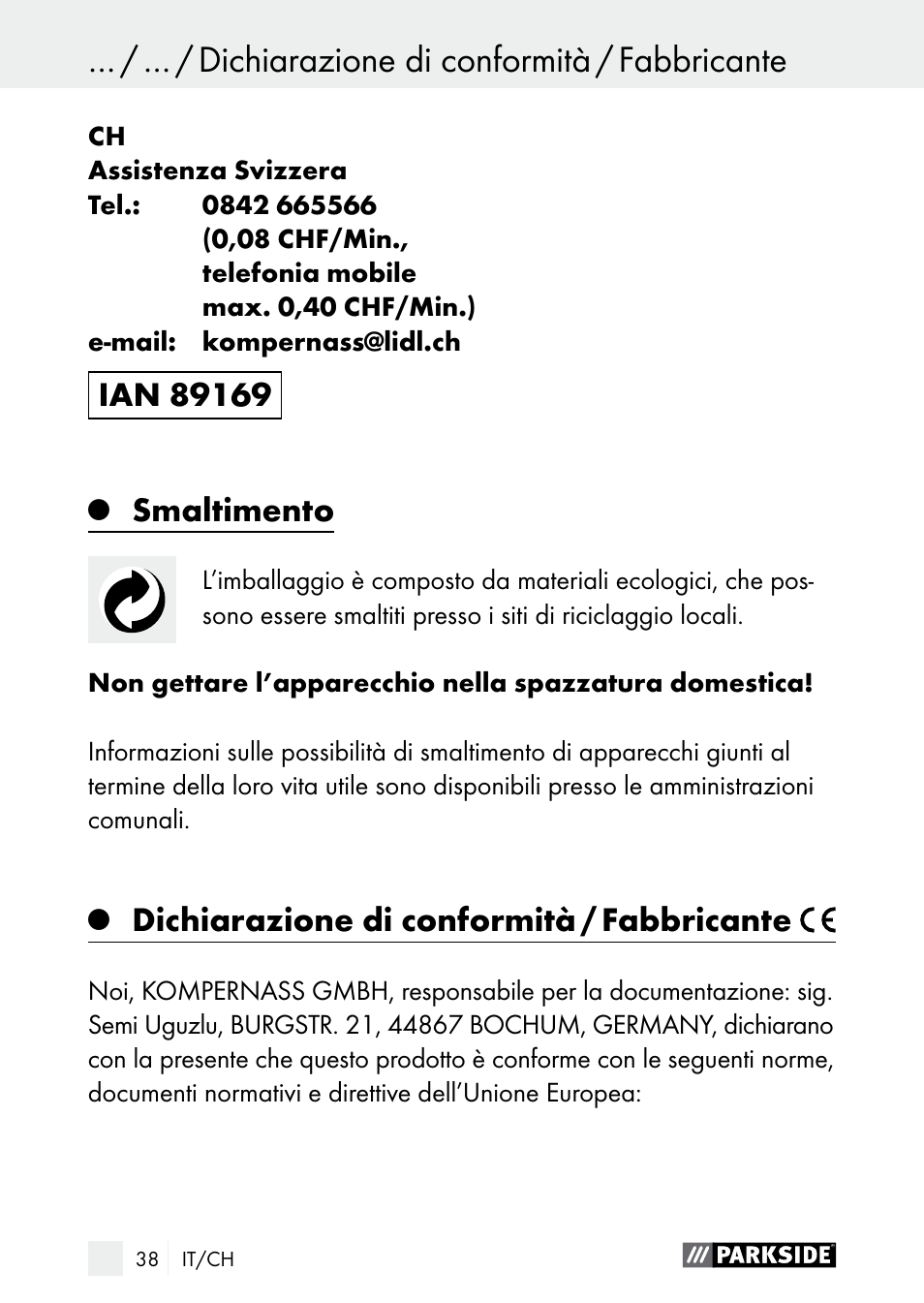 Dichiarazione di conformità / fabbricante, Smaltimento | Parkside PDSP 1000 A1 User Manual | Page 38 / 61