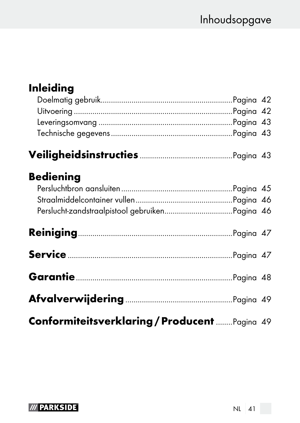 Inhoudsopgave, Inleiding, Veiligheidsinstructies | Bediening, Reiniging, Service, Garantie, Afvalverwijdering, Conformiteitsverklaring / producent | Parkside PDSP 1000 A1 User Manual | Page 41 / 61